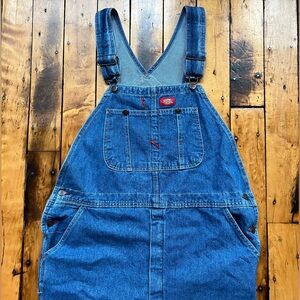 Dickies Bib Overalls 36x32* Blue Carpenter Workwear Washed Denim Cut Off Raw Hem